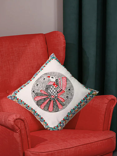16x16 Hand Painted Peacock Motif Madhubani Cushion Cover